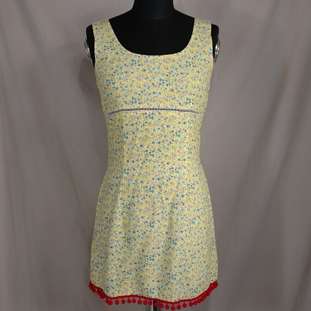 Vintage Cotton Mini Dress Yellow Floral Red Trim